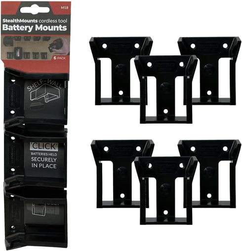 StealthMounts Battery Holder Compatible with Milwaukee M18 (6 Pack) - Black, Made in the UK