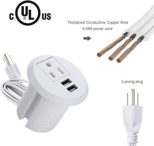 Maggie Desktop Power Grommet with 2 USB Charging Ports, 2inch Hole Table Power Outlet, 6.5ft Extension Cord, 1 Outlet