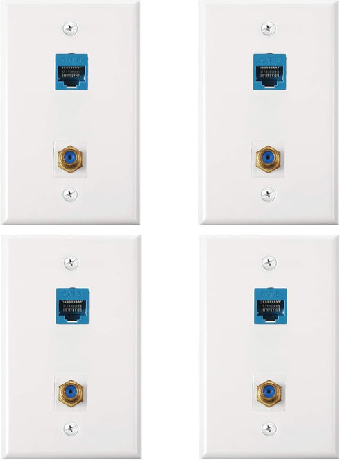 4 Pack Ethernet Coax Wall Plates, Cat6 Coax Wall Plate with Ethernet Port and Gold-Plated F-Type Port