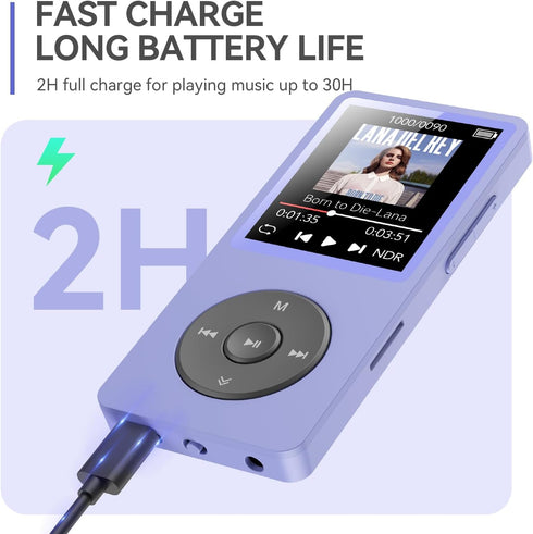 AGPTEK A02 MP3 5.3, 1.8 inch 128GB(Purple, 32GB) Player with Bluetooth Screen Portable Music Player with Speaker, FM