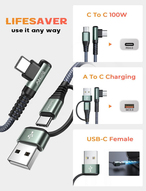 AINOPE 10FT USB C Cable 100W for iPhone 15, Fast Charging, Right Angle QC5.0, MacBook, iPad, Samsung S24.