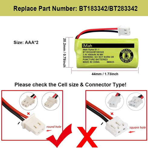 iMah BT183342/BT283342 2.4V 400mAh Ni-MH Battery, 2-Pack Compatible with AT&T and VTech Handsets