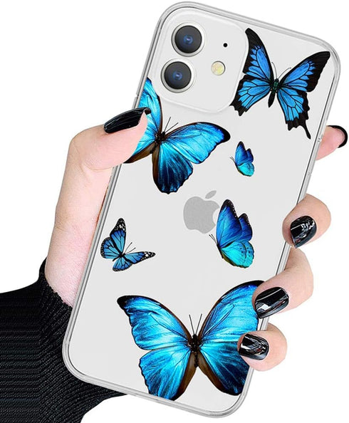 Clear Case for iPhone 12 Mini, Soft TPU Shockproof Protective Case with Cute Blue Butterfly Pattern Cover