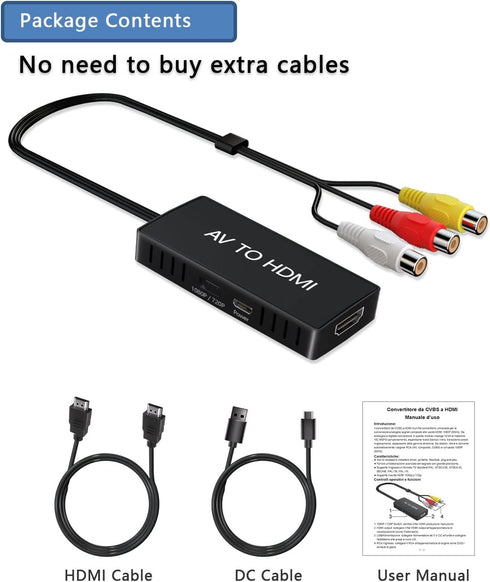 RCA to HDMI Converter, AV to HDMI Adapter, 1080P Mini Composite to HDMI, Supports PAL/NTSC for PC, Laptop, TV, WII,