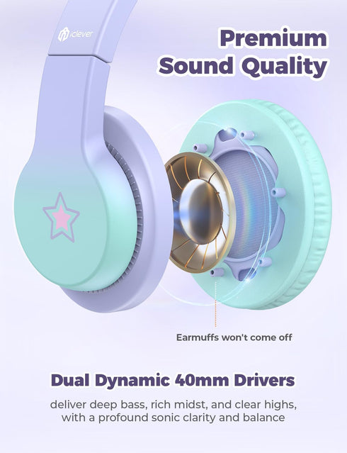 iClever HS19S Kids Headphones - 85dBA Safe Volume Limiter, Over Ear Stereo Headphones for Kids, Foldable 3.5mm Jack for