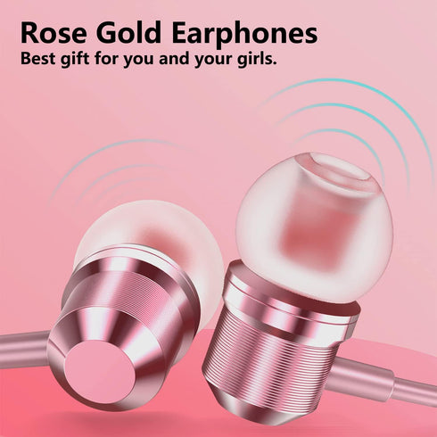 Rose Gold Earbuds: Girls Pink Wired Earphones with Mic & Volume Control, 3.5mm for Smartphones, MP3, Tablet, Laptop.