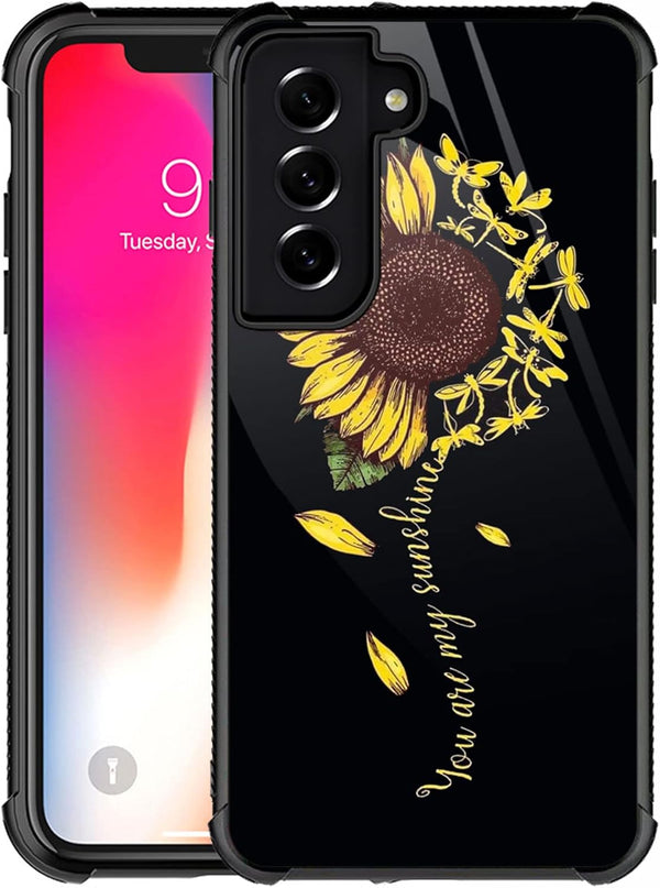 Samsung Galaxy S22 Case Compatible, Yellow Dragonfly Sunflower Pattern Design, Shockproof Anti-Scratch Hard PC Back