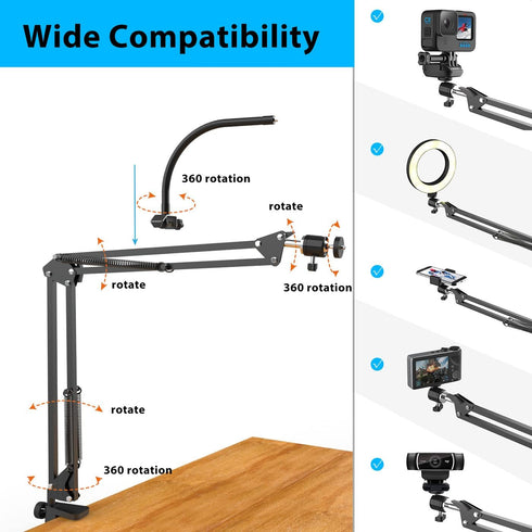 Overhead Camera Mount with Ring Light, Flexible Articulating Phone Arm Stand for iPhone, Logitech Webcam, Desk Tripod