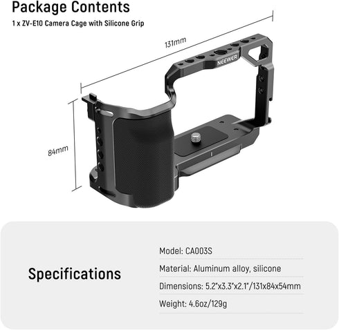 NEEWER ZV-E10 Camera Cage with Silicone Grip, 1/4" Threads, ARRI Holes, Arca Type QR Base, Compatible with DJI Gimbals