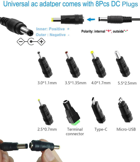 5V 2A 2000mA DC Power Supply, 10W AC/DC Adapter 110V to 5Volt with 8 Tips for Camera Baby Monitor