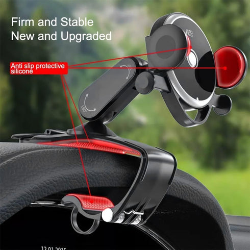 Car Phone Holder Mount, Clip On Auto Dashboard, 360 Degree Rotation Cell Phone Stand for 4 to 6.5 inch Smartphones