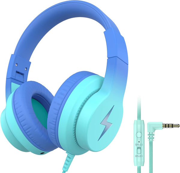 Kids Headphones with Microphone, Wired 85/94dB Volume Limiter, Sharing Jack, Foldable for Online Study, Gradient Blue