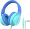 Kids Headphones with Microphone, Wired 85/94dB Volume Limiter, Sharing Jack, Foldable for Online Study, Gradient Blue