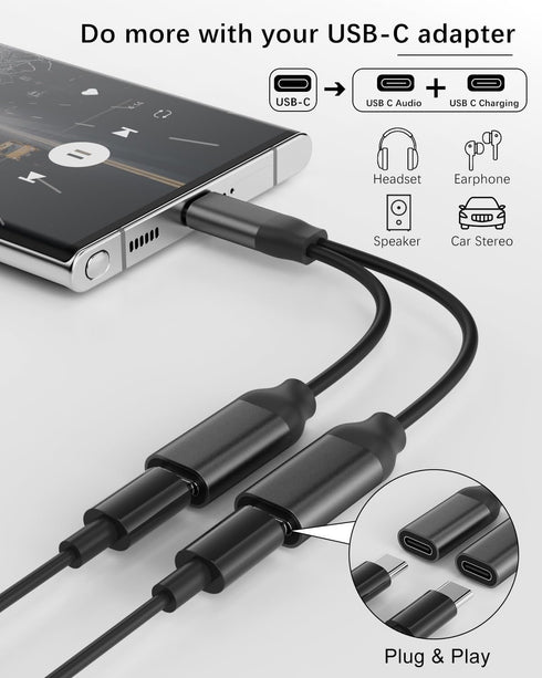 Dual USB C Headphone and Charger Adapter, 2-in-1 Type C Audio Adapter with Fast Charging, USB C Splitter Dongle Cable Cord for iPhone 15 Series, Samsung Galaxy S22/21/20/Note 20,Pixel 4/3/2/XL (Black)