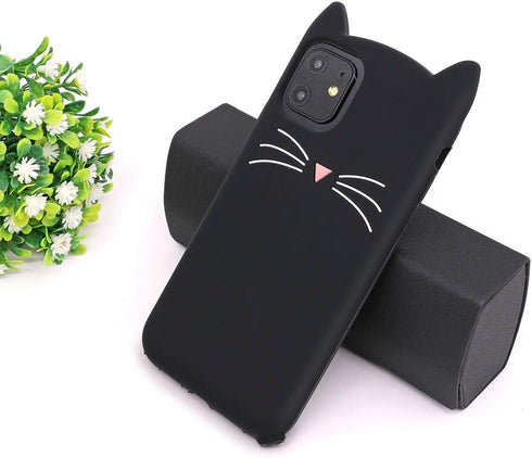 Cute iPhone 11 Case, Funny Animals Black Whisker Cat Ears 3D Cartoon Soft Silicone Shockproof Cover for Girls