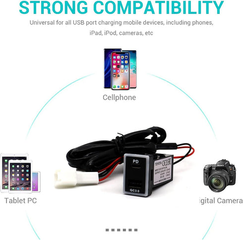 PD USB Type C Quick Charge Car Charger Adapter Socket for Laptop/Smartphone, for Toyota Vigo QC3.0 & USB