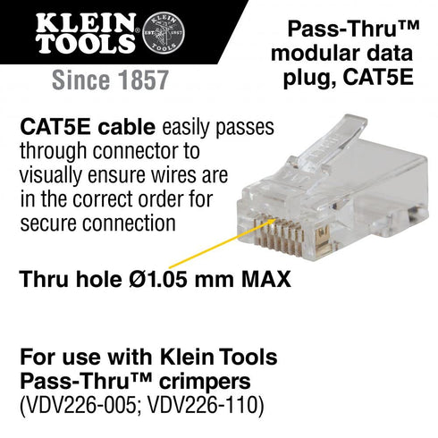Klein Tools VDV826-762 Pass-Thru Modular Data Plug, RJ45 CAT5e, Gold Plated, 200-Pack Pass Through Connectors