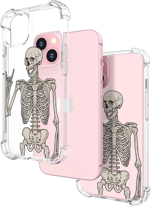 for iPhone 15 Case, Cute Skull Skeleton Clear Design, Girly Floral Transparent Case Compatible with iPhone 15