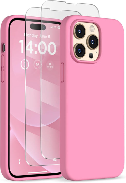 iPhone 14 Pro Max Case, Tender Pink Liquid Silicone, Shockproof Slim, 6.7", with 2X Screen Protectors & Soft Microfiber