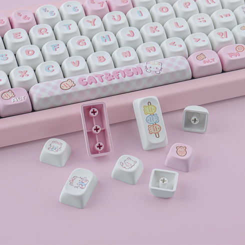 PBT Cute Kitty-cat Keycaps Set - 140 Keys Dye-Sublimation MOA Profile for Cherry Gateron MX Switches