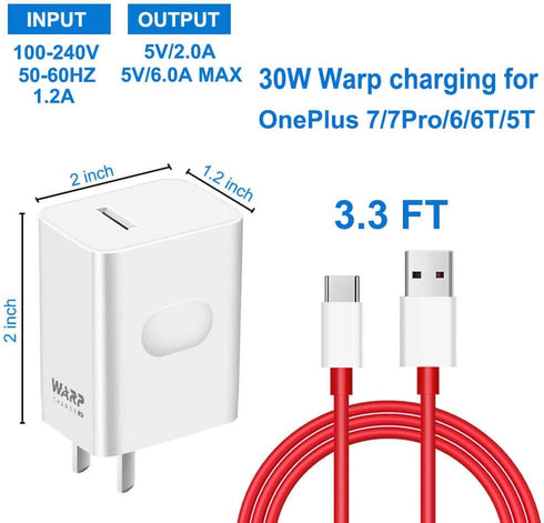 Warp Charger 30W Quick Rapid Charge Power Adapter with USB-C Fast Charging Cable, Compatible with OnePlus