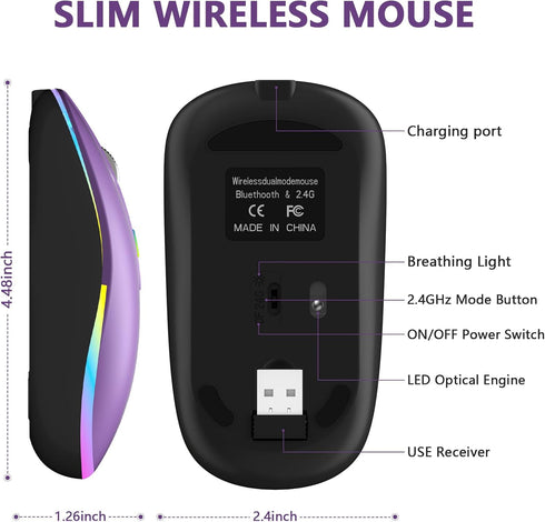 HZD LED Wireless Mouse - Slim Silent Rechargeable Optical Mouse with Type C Adapter, 3 Adjustable DPI Levels (Purple)