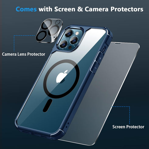 Amizee iPhone 12 Pro Max Magnetic Case with Screen & Camera Protectors, Clear Shockproof, MagSafe Compatible (Blue)