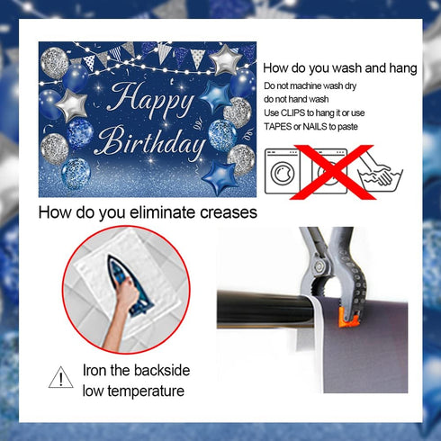 Navy Blue Happy Birthday Backdrop with Silver Glitter Balloons, Star Flag Sequins for Adult Birthday Party Decoration