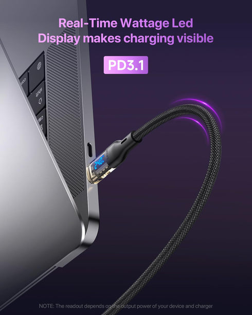 240W USB C to USB C Transparent Cable with LED Display for MacBook Pro, iPhone 15/15Pro/15ProMax, Samsung Galaxy
