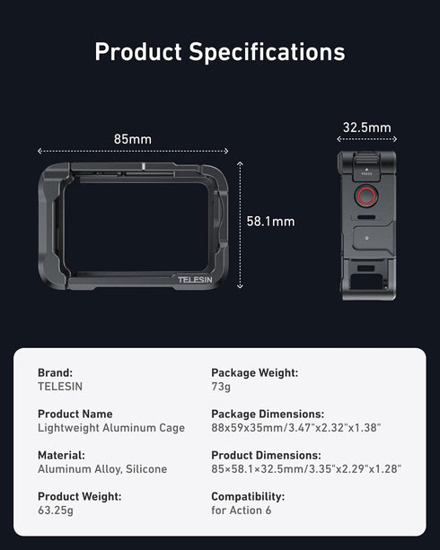 TELESIN 6 1/4" Aluminum Alloy Protective Frame Case for DJI Osmo Action Camera, Quick-Release Metal Rabbit Cage