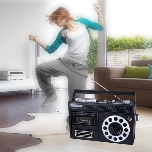 HANNLOMAX HX-601K Portable Bluetooth AM/FM Radio Cassette Recorder, Records from Built-in Mic or Radio, AC/DC (Black)
