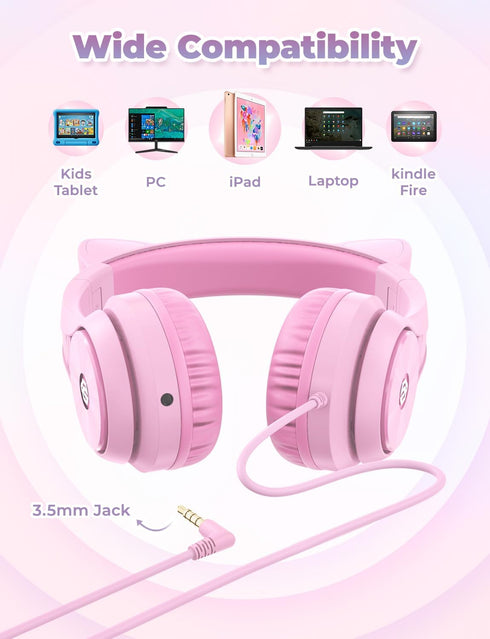 iClever Meow Donut-Pink Kids Headphones, Foldable Over-Ear, Safe Volume Limit, LED Cat Ears, Ideal for School/Travel.