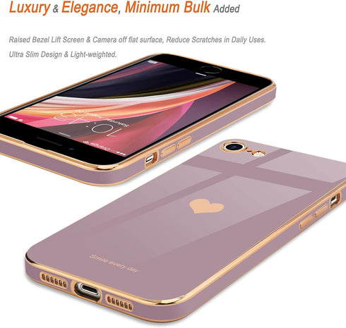 Teageo Lavender iPhone SE 2020 Case, iPhone 7 & 8, Cute Love-Heart Bling Soft Silicone Bumper, Shockproof Protection.