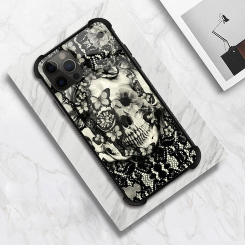 ZHEGAILIAN Victorian Gothic Lace Skull Case for iPhone 13 Pro Max, Tempered Glass Back + Soft Silicone TPU Protection