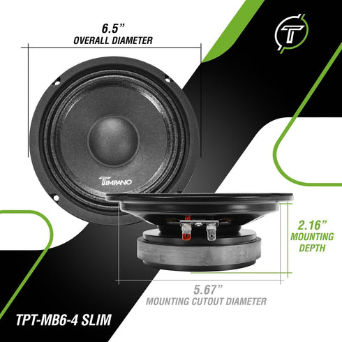 Timpano 6.5 Inch Shallow Car Speaker, 600 Watts TPT-MB6-4 SLIM Profile 4 Ohm, Compact for Doors, Single