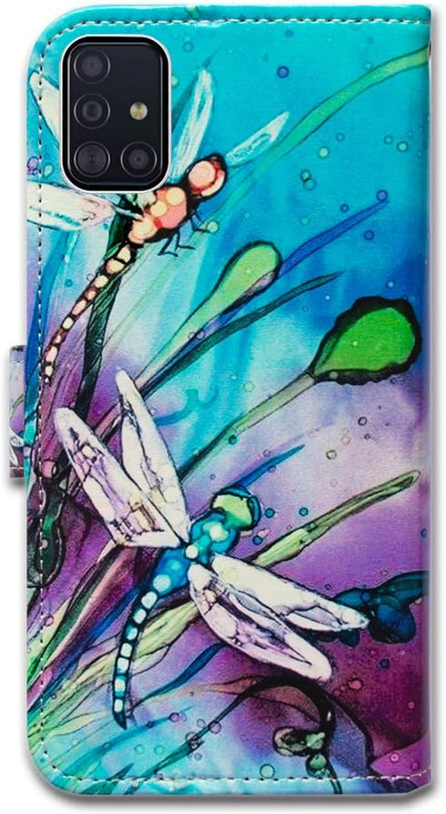 Cute Dragonfly Leather Flip Wallet Case Cover for Samsung Galaxy A51, Card Slot Holder Kickstand