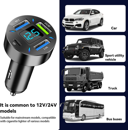 4 Ports USB Car Charger, 66W Super Fast Charging USB QC 3.0 Adapter with LED Voltmeter for Most Cell Phones