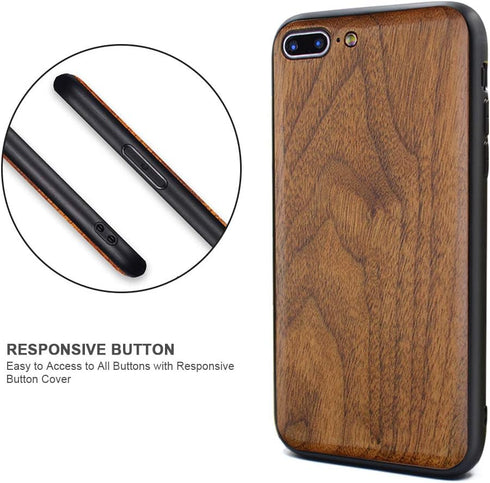 Wood Case for iPhone 7 Plus/8 Plus, Real Natural Wood, Slim Shockproof Hybrid Cover (Walnut)