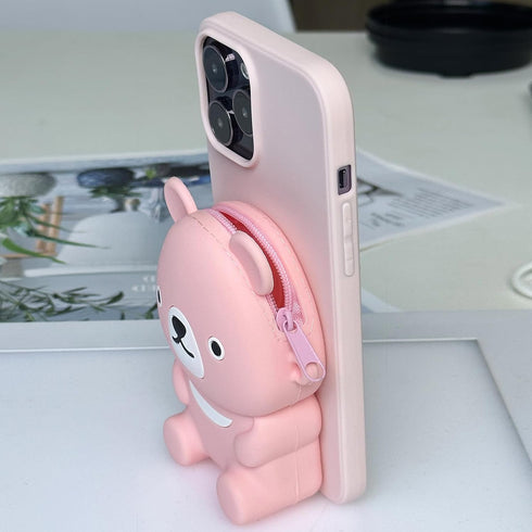 UnnFiko Wallet Phone Case for iPhone 7 Plus 8 Plus, 3D Cartoon Cute Bear Purse Stand Holder, Pink