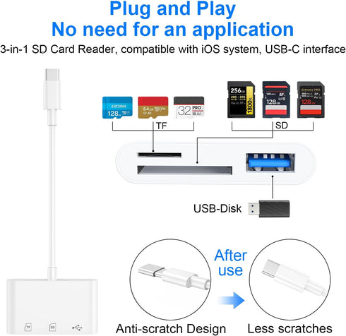 YGKSAA 1PCS 3-in-1 iPhone15 16 17, USB C to SD Card Reader, SD/TF/USB Memory Card Reader, Compatible