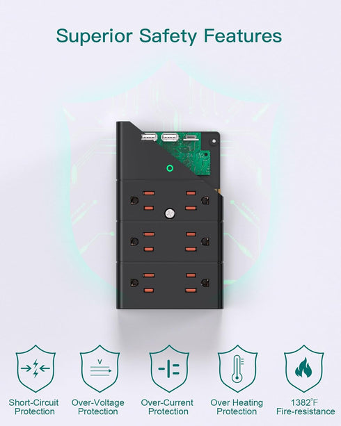 Addtam Multi Plug Outlet Surge Protector Wall Mount with 12 Outlet Extender, 3 USB Ports, Black Power Strip