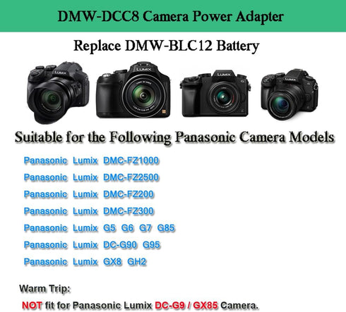 Gonine DMW-DCC8 DMW-AC8 Camera AC Power Supply Adapter Dummy Battery Charger Kit for Panasonic DMC-FZ200, GX8, G85