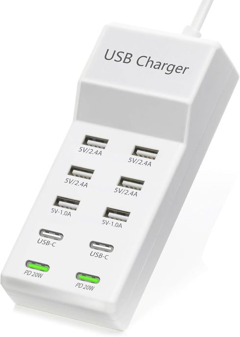 USB Charger, 100W Charging Station with 10-Port (6 USB-A & 2 USB-C) Compatible with iPhone 15/14/13/12/11
