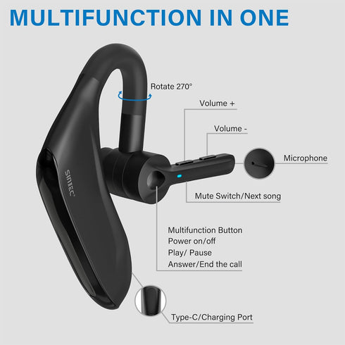Bluetooth Headset - Dual Microphone Wireless Headset with USB Dongle for Computer, 45H Talking Time, USB-A Compatible