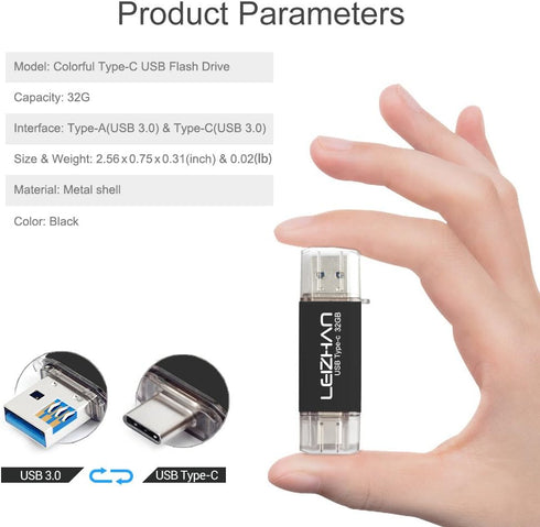 LEIZHAN USB C Flash Drive 32GB - Type C Thumb Drive for Samsung Galaxy S10, S10e, S9, S8, LG G5 G6, Black