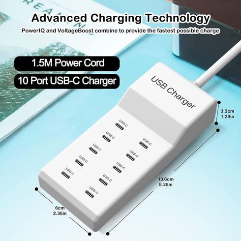 USB C Charger, 10 Ports USB Charging Station, 50W Multi-Port USB C Wall Charger for iPhone 15/14/13/12/iPad/Samsung S23