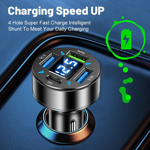 Car Charger, 4 Ports Fast Charger with LED Voltmeter, Universal Cigarette Lighter USB Charger for iPhone & Android