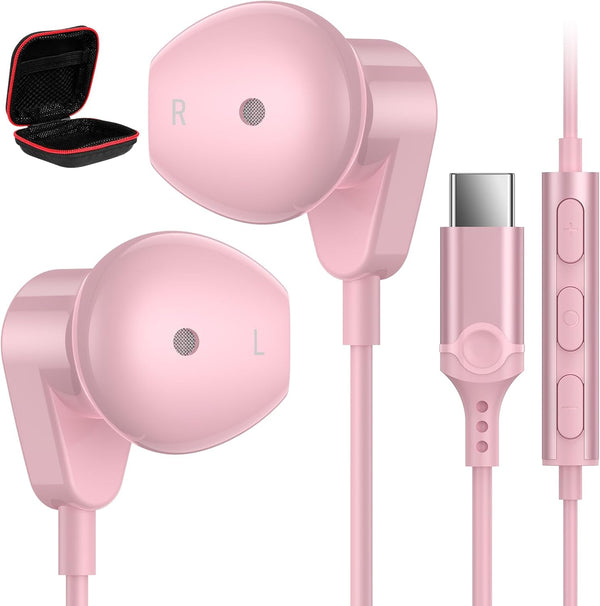 HiFi Stereo USB C Headphones for iPad Pro, iPhone 15/15 Pro Max, Samsung S24/S23 Ultra, OnePlus, Huawei - Pink