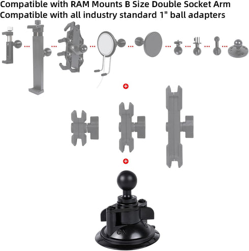 Suction Cup Base Mount with 25mm/1" Ball, Compatible with RAM Mounts and Other B Size Double Ball Socket