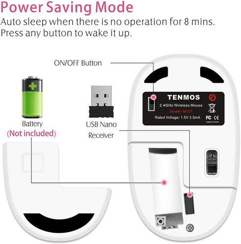 TENMOS M101 Wireless Mouse - Cute Silent Computer Mice with USB Receiver, 2.4G Optical Travel Mouse 1600 DPI (butterfly)